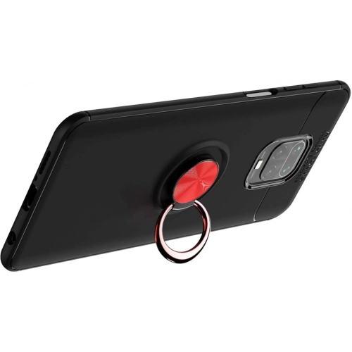Xiaomi Redmi Note 9 Pro Kılıf Renkli Silikon Yüzüklü Standlı Auto Focus Ravel Kapak - Kırmızı - Siyah