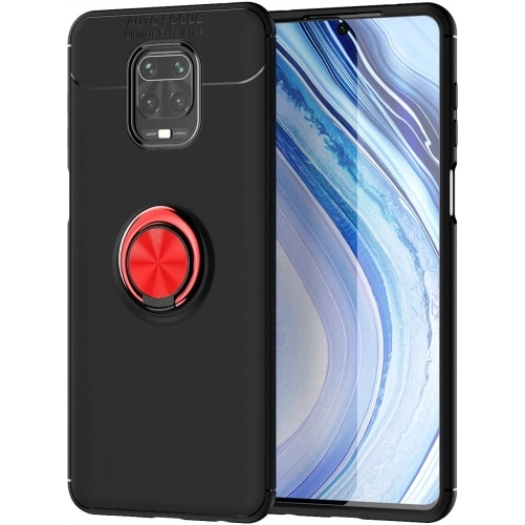 Xiaomi Redmi Note 9 Pro Kılıf Renkli Silikon Yüzüklü Standlı Auto Focus Ravel Kapak - Kırmızı - Siyah