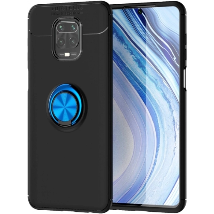 Xiaomi Redmi Note 9 Pro Kılıf Renkli Silikon Yüzüklü Standlı Auto Focus Ravel Kapak - Mavi - Siyah