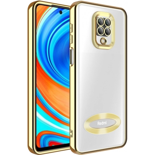 Xiaomi Redmi Note 9 Pro Kılıf Kamera Lens Korumalı Şeffaf Renkli Logo Gösteren Parlak Kapak - Gold