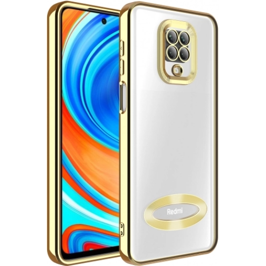 Xiaomi Redmi Note 9 Pro Kılıf Kamera Lens Korumalı Şeffaf Renkli Logo Gösteren Parlak Kapak - Gold