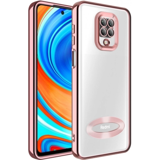 Xiaomi Redmi Note 9 Pro Kılıf Kamera Lens Korumalı Şeffaf Renkli Logo Gösteren Parlak Kapak - Rose Gold