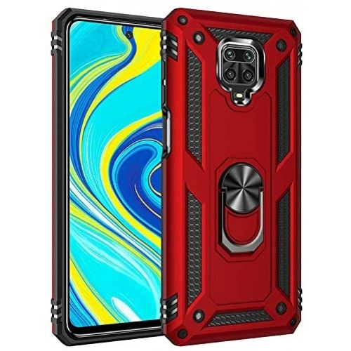 Xiaomi Redmi Note 9 Pro Kılıf Silikon Zırhlı Standlı Yüzüklü Mıknatıslı Tank Kapak - Kırmızı