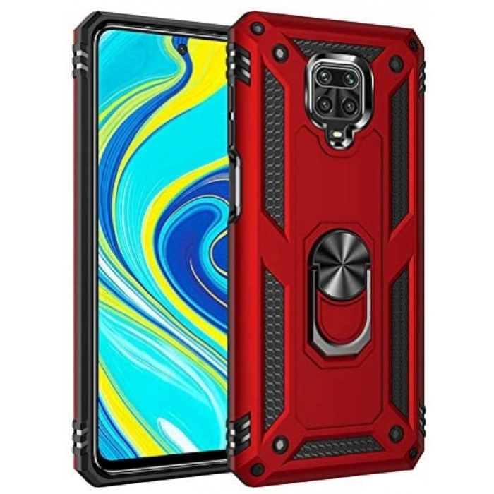 Xiaomi Redmi Note 9 Pro Kılıf Silikon Zırhlı Standlı Yüzüklü Mıknatıslı Tank Kapak - Kırmızı