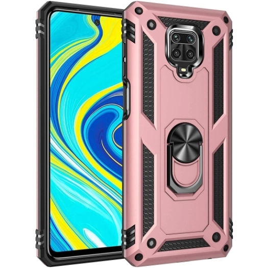 Xiaomi Redmi Note 9 Pro Kılıf Silikon Zırhlı Standlı Yüzüklü Mıknatıslı Tank Kapak - Rose Gold