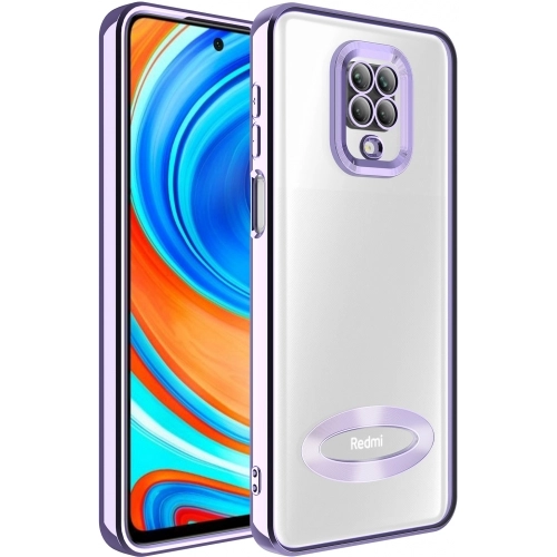 Xiaomi Redmi Note 9s Kılıf Kamera Lens Korumalı Şeffaf Renkli Logo Gösteren Parlak Kapak - Lila