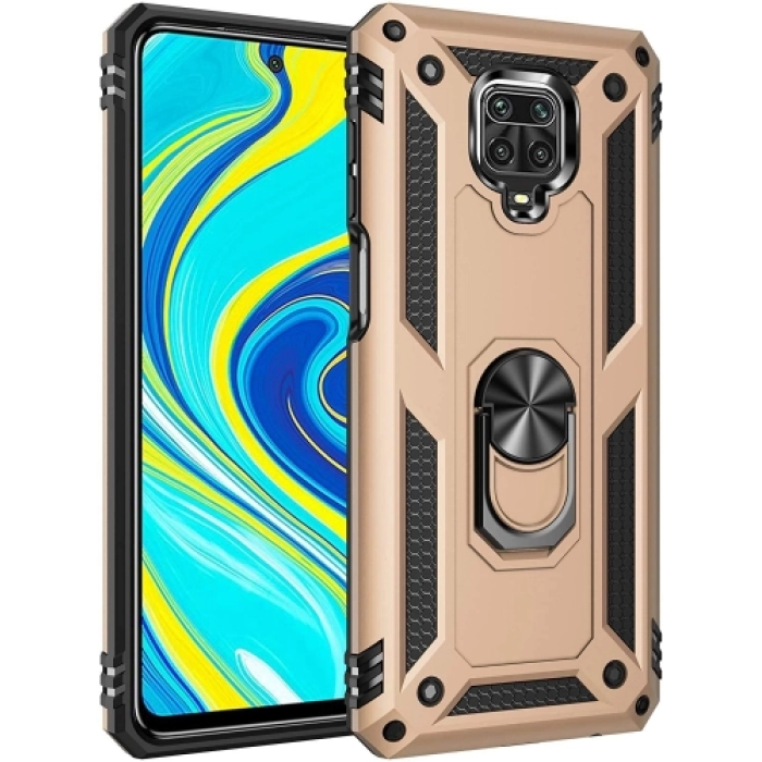 Xiaomi Redmi Note 9s Kılıf Silikon Zırhlı Standlı Yüzüklü Mıknatıslı Tank Kapak - Gold