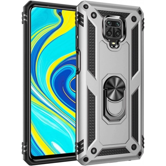 Xiaomi Redmi Note 9s Kılıf Silikon Zırhlı Standlı Yüzüklü Mıknatıslı Tank Kapak - Gümüş