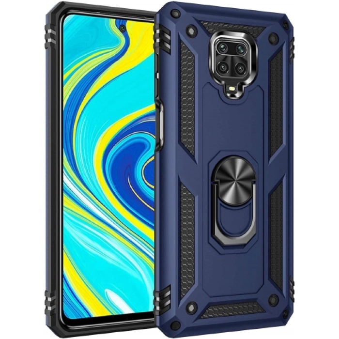 Xiaomi Redmi Note 9s Kılıf Silikon Zırhlı Standlı Yüzüklü Mıknatıslı Tank Kapak - Lacivert