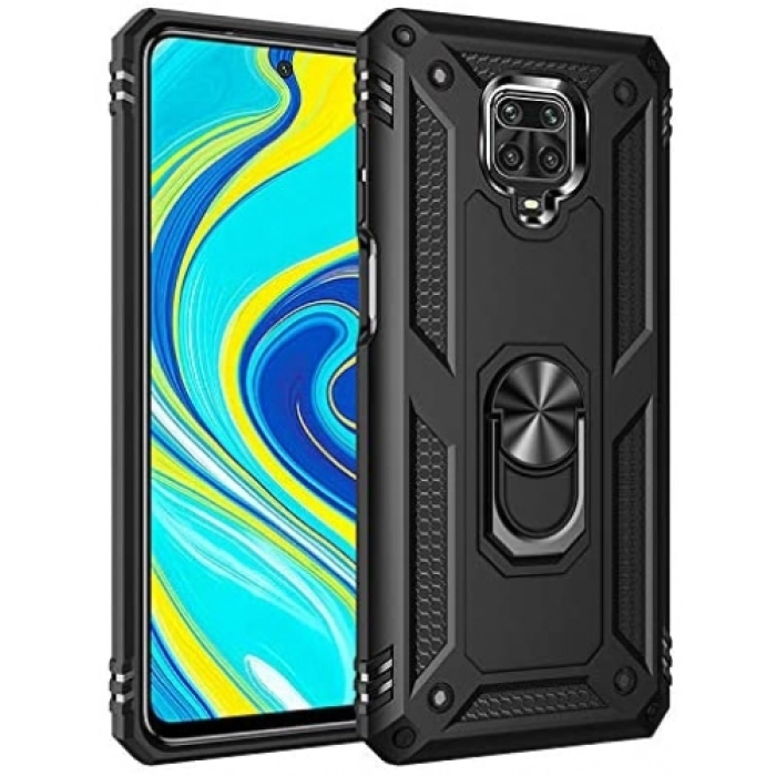 Xiaomi Redmi Note 9s Kılıf Silikon Zırhlı Standlı Yüzüklü Mıknatıslı Tank Kapak - Siyah