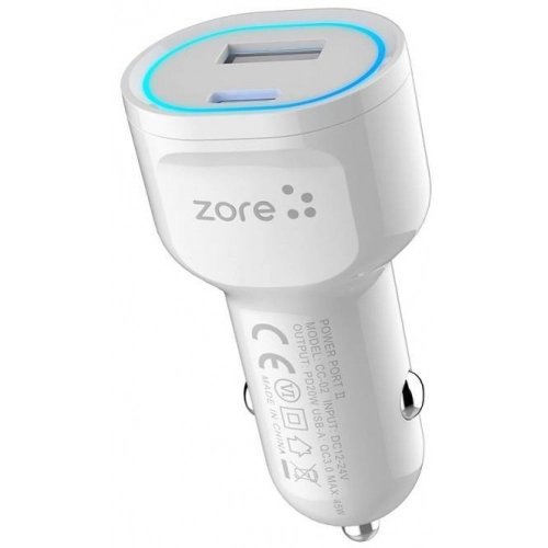 Zore CC-02 Hızlı Şarj Özellikli LED Işıklı QC 3.0 USB-A ve Type-C PD Araç Şarj Başlığı PD 20W