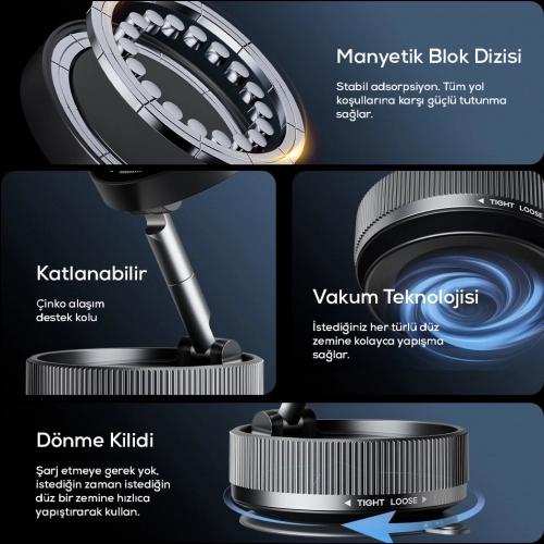 Zore K10A Vakum Özellikli 360 Derece Dönen Magnetik Telefon Tutucu - Siyah