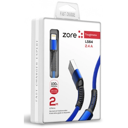 Zore LS64 Lightning USB Hızlı Şarj Data Kablosu 2m - Mavi