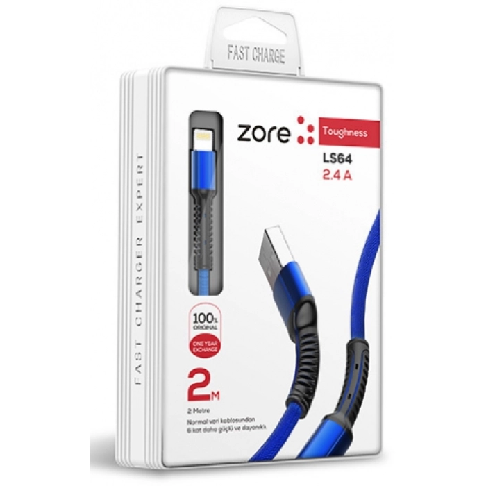 Zore LS64 Lightning USB Hızlı Şarj Data Kablosu 2m - Mavi