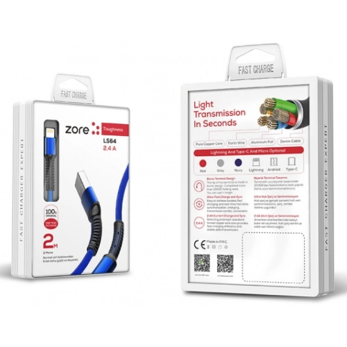Zore LS64 Lightning USB Hızlı Şarj Data Kablosu 2m - Mavi