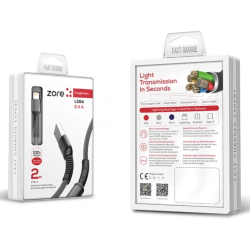 Zore LS64 Lightning USB Hızlı Şarj Data Kablosu 2m - Siyah