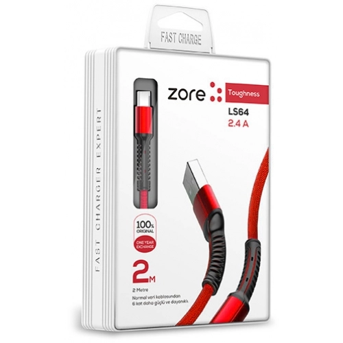 Zore LS64 Type-C USB Hızlı Şarj Data Kablosu 2m - Kırmızı
