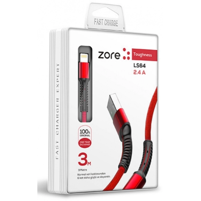 Zore LS65 Lightning USB Hızlı Şarj Data Kablosu 3m - Kırmızı