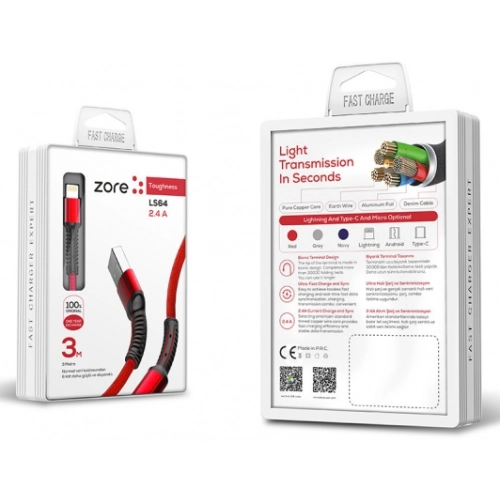 Zore LS65 Lightning USB Hızlı Şarj Data Kablosu 3m - Kırmızı