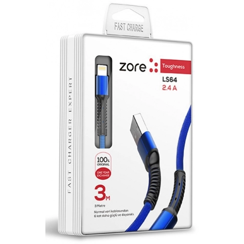 Zore LS65 Lightning USB Hızlı Şarj Data Kablosu 3m - Mavi