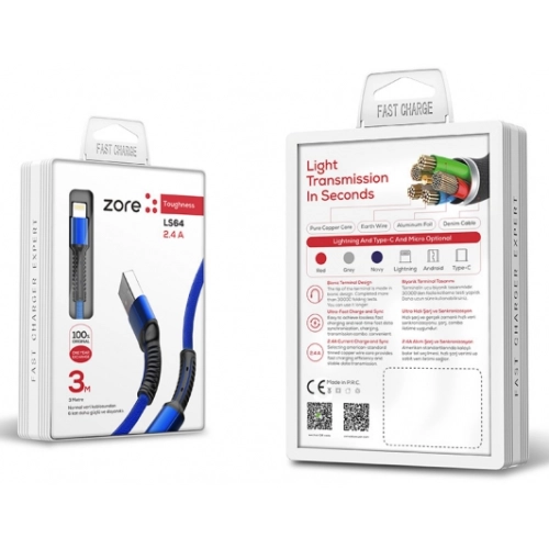 Zore LS65 Lightning USB Hızlı Şarj Data Kablosu 3m - Mavi