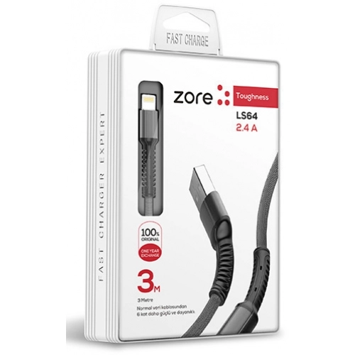 Zore LS65 Lightning USB Hızlı Şarj Data Kablosu 3m - Siyah