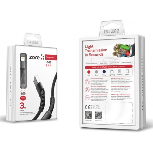 Zore LS65 Lightning USB Hızlı Şarj Data Kablosu 3m - Siyah