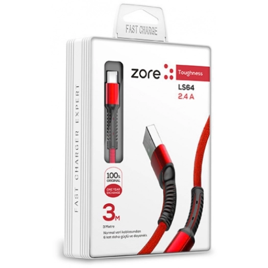 Zore LS65 Micro USB Hızlı Şarj Data Kablosu 3m - Kırmızı