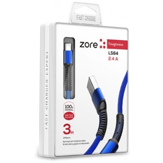 Zore LS65 Micro USB Hızlı Şarj Data Kablosu 3m - Mavi
