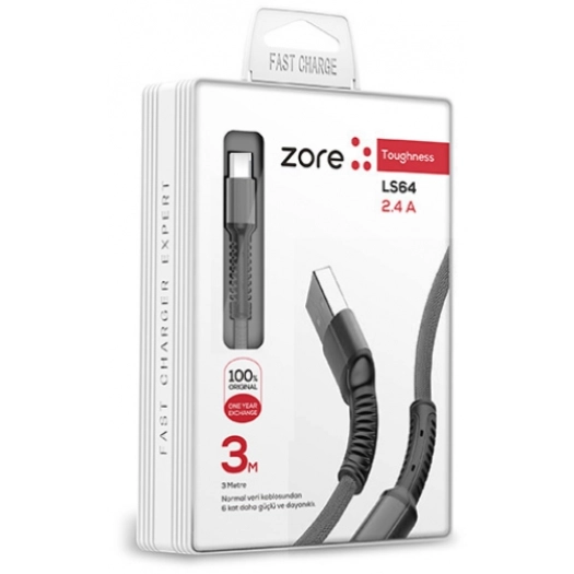 Zore LS65 Micro USB Hızlı Şarj Data Kablosu 3m - Siyah
