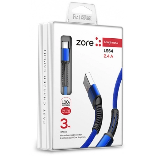 Zore LS65 Type-C USB Hızlı Şarj Data Kablosu 3m - Mavi