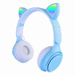 Zore M6 Pro Cat RGB Led Işıklı Kedi Kulağı Band Tasarımlı Ayarlanabilir ve Katlanabilir Kulak Üstü Bluetooth Kulaklık - Mavi