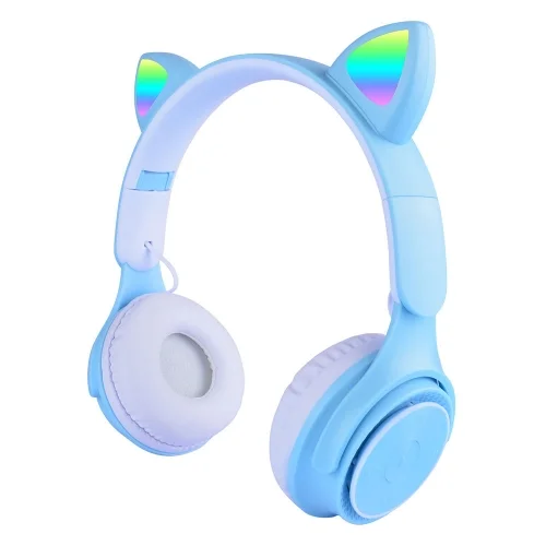 Zore M6 Pro Cat RGB Led Işıklı Kedi Kulağı Band Tasarımlı Ayarlanabilir ve Katlanabilir Kulak Üstü Bluetooth Kulaklık - Mavi