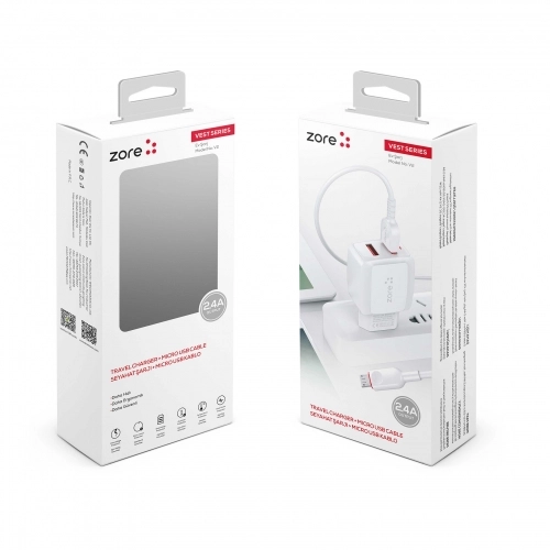Zore Vest Serisi V2 Micro-USB 2 in 1 Hızlı Şarj Seti 2.4A/12w - Beyaz