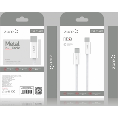 Zore Vol Serisi Type-C to Type-C PD Şarj ve Data Kablosu 65W 3A 1 Metre