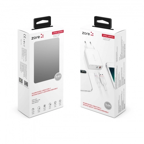 Zore xMac Serisi Apple Lightning 2 in 1 Çift Giriş Hızlı Şarj Seti QC 3.4A/18w - Beyaz