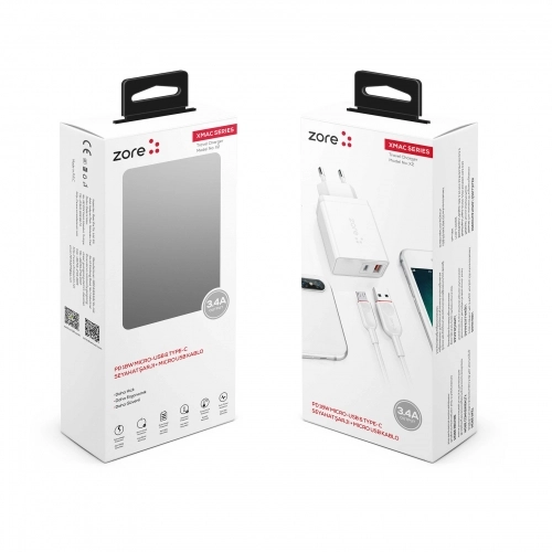 Zore xMac Serisi Micro-USB 2 in 1 Çift Giriş Hızlı Şarj Seti QC 3.4A/18w - Beyaz