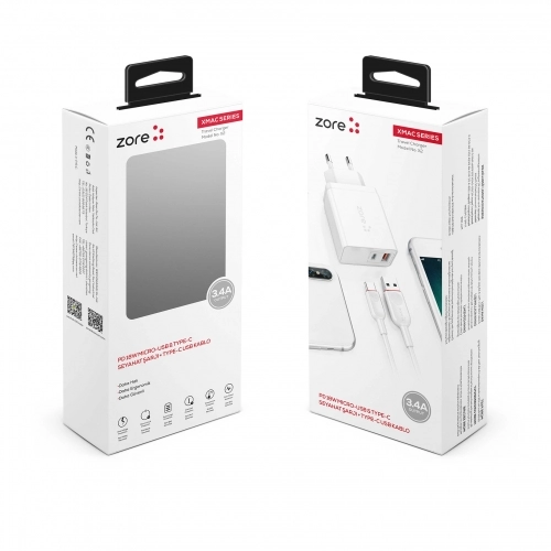 Zore xMac Serisi Type-C 2 in 1 Çift Giriş Hızlı Şarj Seti QC 3.4A/18w - Beyaz