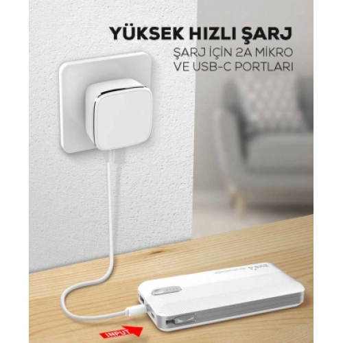 Zore ZR-1013 10000 mAh Powerbank Hızlı Şarj Tek Çıkış Apple Lightning  Type-C Micro  - Beyaz