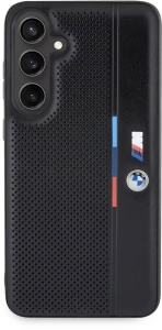 Samsung Galaxy S24 Plus Kılıf BMW Orjinal Lisanslı M Logolu Üç Renk Çizgili Delikli Detail Line Kapak - Siyah