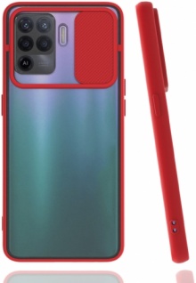 Oppo Reno 5 Lite Kılıf Silikon Sürgülü Lens Korumalı Buzlu Şeffaf - Kırmızı