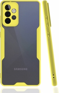 Samsung Galaxy A72 Kılıf Kamera Lens Korumalı Arkası Şeffaf Silikon Kapak - Sarı