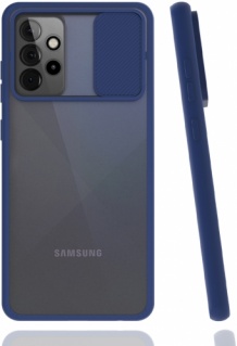 Samsung Galaxy A72 Kılıf Silikon Sürgülü Lens Korumalı Buzlu Şeffaf - Lacivert