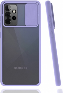 Samsung Galaxy A72 Kılıf Silikon Sürgülü Lens Korumalı Buzlu Şeffaf - Lila