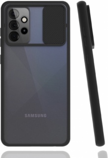 Samsung Galaxy A72 Kılıf Silikon Sürgülü Lens Korumalı Buzlu Şeffaf - Siyah