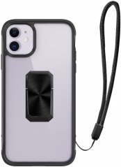 Apple iPhone 11 Kılıf Yüzüklü Askı İpli Standlı Silikon V-Bax Kapak - Siyah