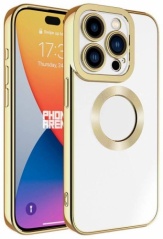 Apple iPhone 15 Pro Max (6.7) Kılıf Kamera Korumalı Silikon Logo Açık Omega Kapak - Gold