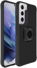 Samsung Galaxy S22 Kılıf Karbon Görünümlü Standlı Yüzüklü Esnek Silikon Timo Kapak - Siyah