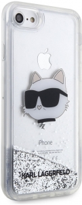 Apple iPhone SE 2020 Kılıf Karl Lagerfeld Sıvılı Simli Choupette Head Dizayn Kapak - Gümüş