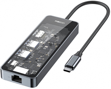 Recci RH17 Type-C to Type-C PD100W + USB3.0 + HDMI + Type-C + RJ45 Bağlantılı 6in1 Hub - Gri